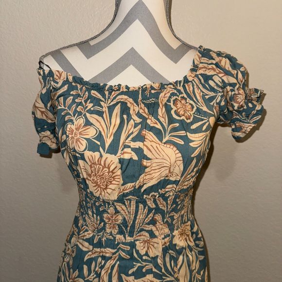 NWT Patrons of Peach Blue Floral Print Smocked Short Sleeve Maxi Dress Small - Picture 7 of 16